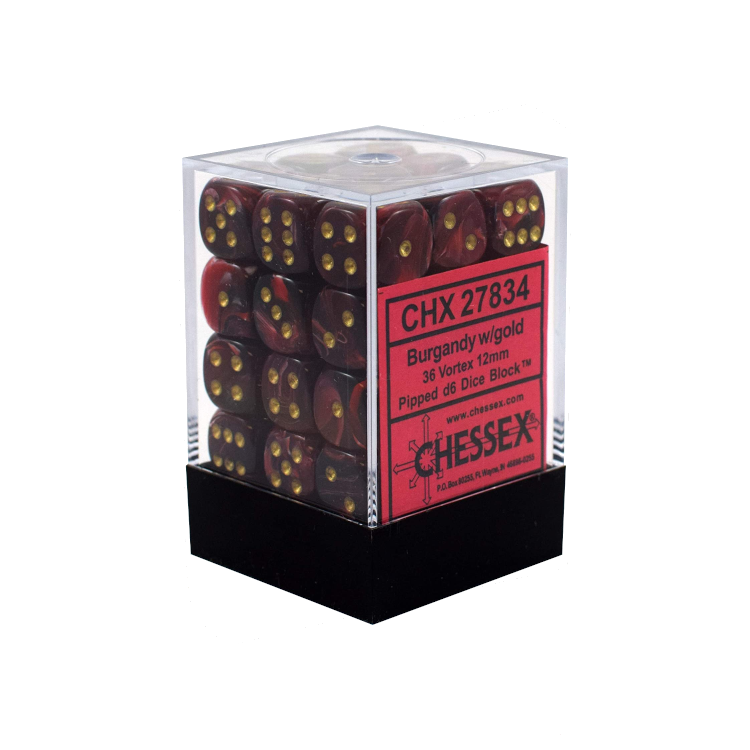 Chessex Dice d6 Sets: Vortex Burgundy with Gold - 12mm Six Sided Die (36) Block of Dice