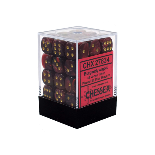 Chessex Dice d6 Sets: Vortex Burgundy with Gold - 12mm Six Sided Die (36) Block of Dice